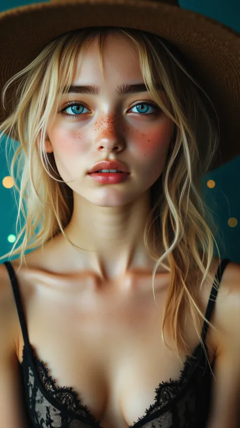 8k, Masterpiece, Top Quality, Close-up, frontal, eye-level.  Blonde,  freckles, blue eyes, serene,  fair skin.  Lace camisole, wide-brimmed hat.  Direct gaze, shoulders slightly back. Teal, blurred, circular lights, candles.