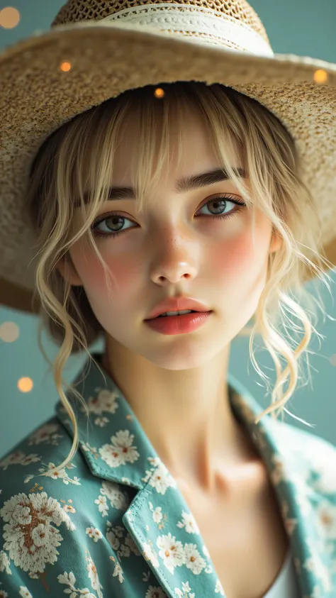 8k, Masterpiece, Top Quality, Close-up, frontal,  fair skin, blonde, wavy, updo, hat, beige, wide-brimmed, serene, direct gaze, teal, sheer, high neckline, dotted, glowing, soft, flowing, blurred, golden, bokeh, magical, particles, ethereal.