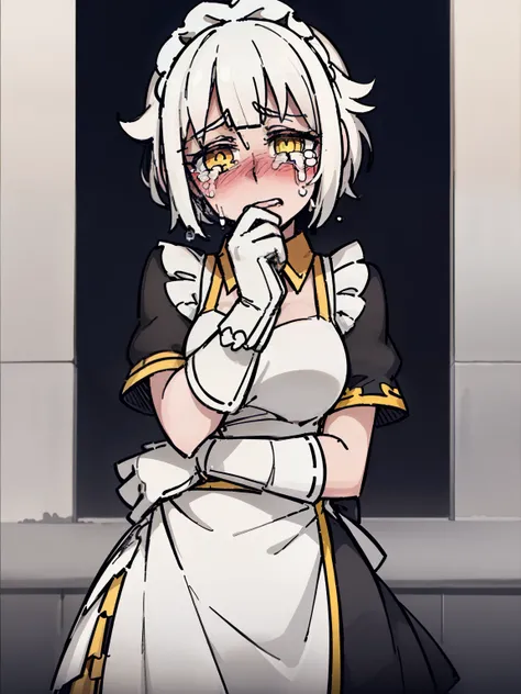 (( one woman，cry，Tears，blush，white hair short hair，Traditional maid outfit，Yellow pupil))，yellow black and white patchwork color，forward,Half Body，white background