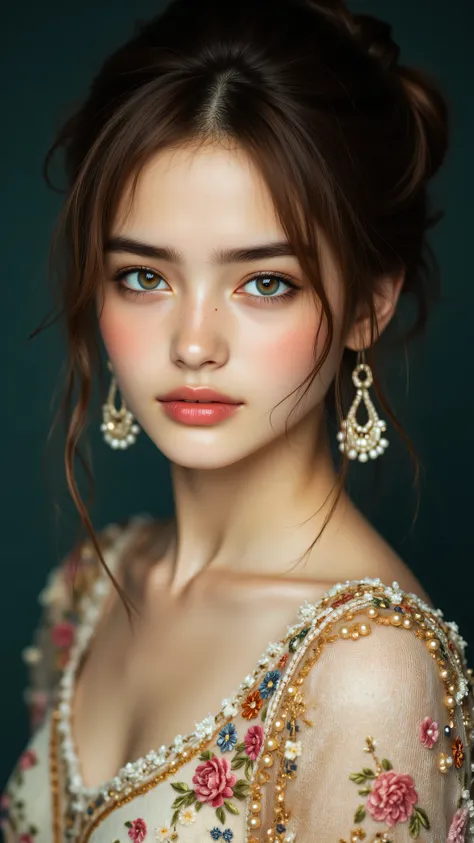 8k, Masterpiece, Top Quality, Close-up,  woman, brown hair, updo,  pale skin,  large eyes,  full lips, elegant makeup,  intricate dress, beige, floral embroidery, beaded, sheer, pastel colors, jewel tones, long earrings, ornate,  dark teal background, flor...