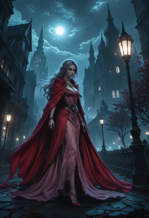 comic art, fantasy art, RPG art, ultra wide shot, a picture of a mysterious woman standing under the streetlamp, in the big city, a beautiful mature woman, elegant woman, dynamic hair color, dynamic hair style, wearing intricate pink silk dress, billowing...