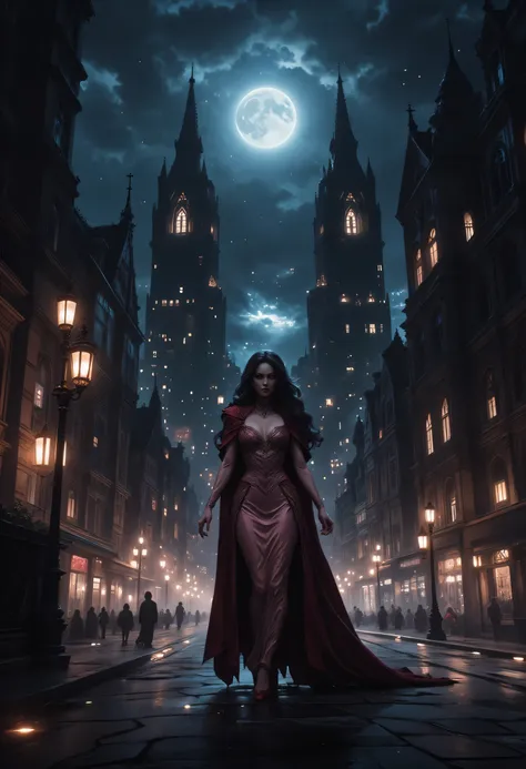 comic art, fantasy art, RPG art, ultra wide shot, a picture of a mysterious woman standing under the streetlamp, in the big city, a beautiful mature woman, elegant woman, dynamic hair color, dynamic hair style, wearing intricate pink silk dress, billowing...