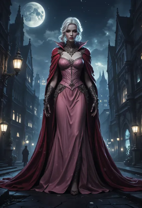 comic art, fantasy art, RPG art, ultra wide shot, a picture of a mysterious woman standing under the streetlamp, in the big city, a beautiful mature woman, elegant woman, dynamic hair color, dynamic hair style, wearing intricate pink silk dress, billowing...