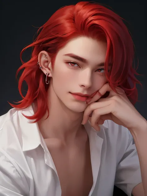 a single man in his twenties, with fair skin, red eyes, medium long red hair, hair between his eyes, 2 piercings in his lower lip, pointed ears, high resolution., modern era, fun and jovial, with a rebellious and carefree style