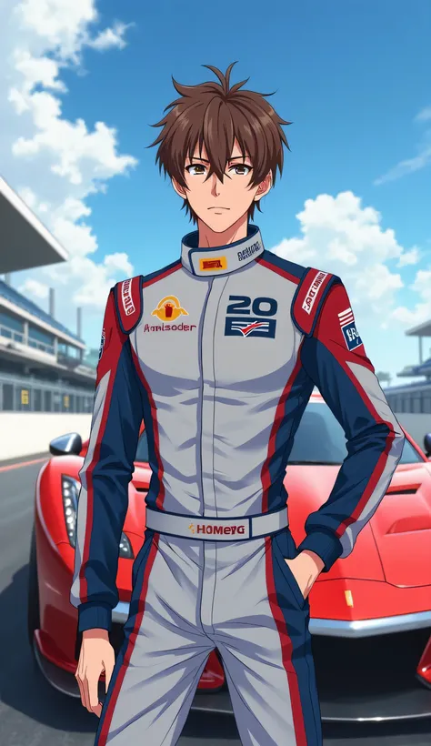 A tall male racer wearing a racing suit，20s，Brown hair，Handsome tall male racer，Standing next to a high-tech looking racing car，Race track background，anime style