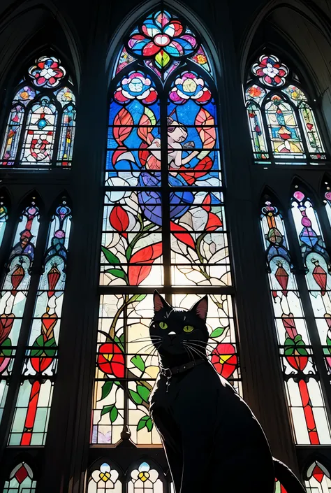 araffe silhouette of a cat in front of a Stained Glass window, on a Stained Glass window, maxim verehin Stained Glass, backlit Stained Glass,  Cat Silhouettes , Stained Glass art, Stained Glass, “Dirty” , Stained Glass,  Cat Dark Gods , gothic Stained Glas...