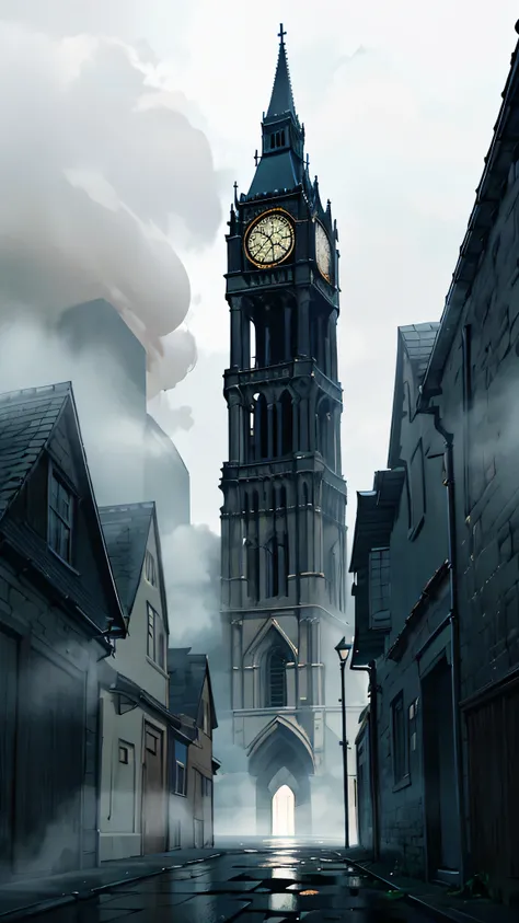 A towering gothic clock tower at midnight, its hands frozen in time, surrounded by thick fog, eerie dim streetlights casting long shadows, cracked stone walls covered in ivy, the faint sound of an old bell echoing through the empty streets, mysterious dark...