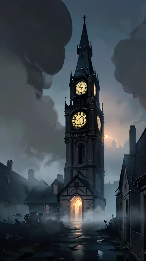 A towering gothic clock tower at midnight, its hands frozen in time, surrounded by thick fog, eerie dim streetlights casting long shadows, cracked stone walls covered in ivy, the faint sound of an old bell echoing through the empty streets, mysterious dark...