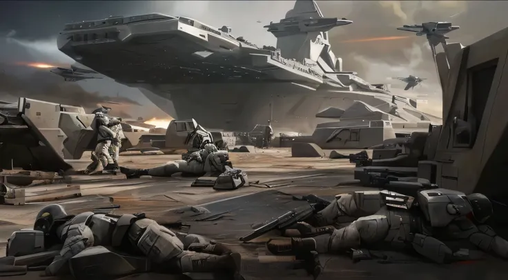 arafed image of a group of soldiers laying on the ground in front of a ship, aftermath of a huge battle, stardestroyer in the background, the fall of the galactic empire, concept art like ernest khalimov, war scene, wide shot of a spaceship battle, realist...