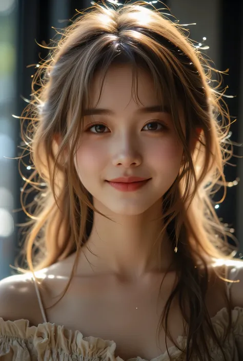 Nude Smile, Bangs, red-faced, High Resolution, Single, Blonde Hair, High Resolution, detail, high quality, is very detailed, long hair, ponytail, Earrings, Sony Master Lens, backlit, Realism,