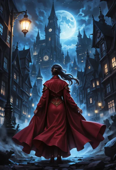 comic art, fantasy art, RPG art, ultra wide shot, a picture of a mysterious woman standing under the steampunk streetlamp, in the big city, a beautiful mature woman, elegant woman, dynamic hair color, dynamic hair style, wearing intricate deep red silk dre...