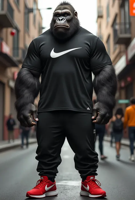 A gorilla black t-shirt from Nike pants from Adidas red shoes from Nike and a wrinkled face