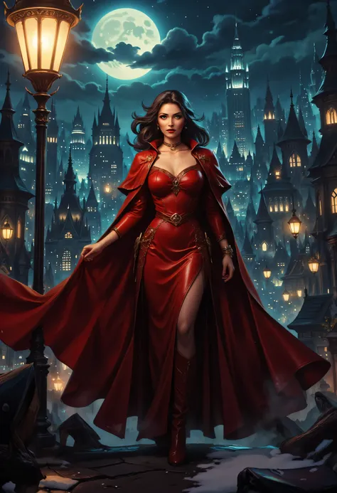 comic art, fantasy art, RPG art, ultra wide shot, a picture of a mysterious woman standing under the steampunk streetlamp, in the big city, a beautiful mature woman, elegant woman, dynamic hair color, dynamic hair style, wearing intricate deep red leather ...