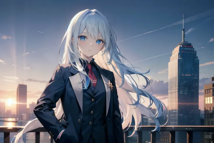 (masterpiece), (best quality), ultra detailed, finely detailed color, cenematic painting, ((holding coffee)), urban, sunset, twilight, dusk, evening, vesper, sky, rooftop, bishoujo, ((one lady)), 20-year-old lady, cute face, white hair, absurdly long hair,...