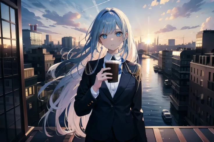 (masterpiece), (best quality), ultra detailed, finely detailed color, cenematic painting, ((holding coffee)), urban, sunset, twilight, dusk, evening, vesper, sky, rooftop, bishoujo, ((one lady)), 20-year-old lady, cute face, white hair, absurdly long hair,...