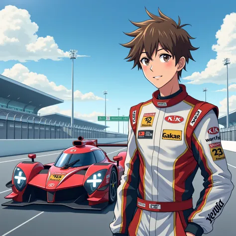 A tall male racer wearing a racing suit，20s，Brown hair，Handsome tall male racer，Standing next to a high-tech looking racing car，Race track background，anime style