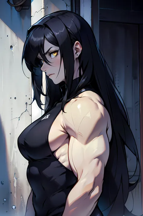 sad pale muscular girl breasts hair black hair yellow eyes extremely long hair sad