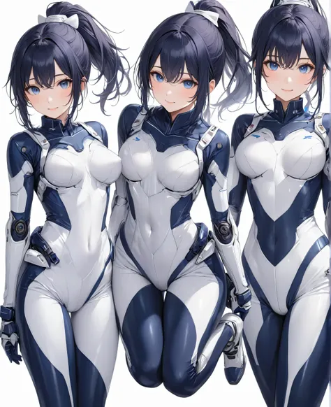 (​masterpiece、 top quality、 highest resolution 、 Clear Images 、  detailed image 、 The angle is from above ): ( One Japanese Woman 、 High Ponytail、  dark blue hair  、 Sparkling blue eyes 、(  white and navy blue pilot suit （Enamel Finish ）、white and dark blu...