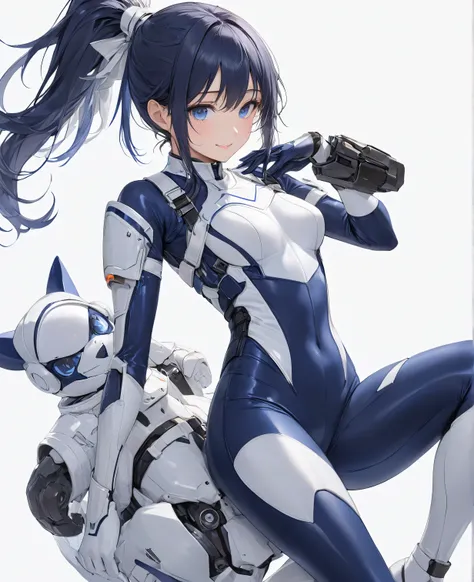 (​masterpiece、 Top Quality、 highest resolution 、 Clear Images 、  detailed image 、 The angle is from above ): ( One Japanese Woman 、 High Ponytail、  dark blue hair  、 Sparkling blue eyes 、(  white and navy blue pilot suit （Enamel Finish ）、white and dark blu...