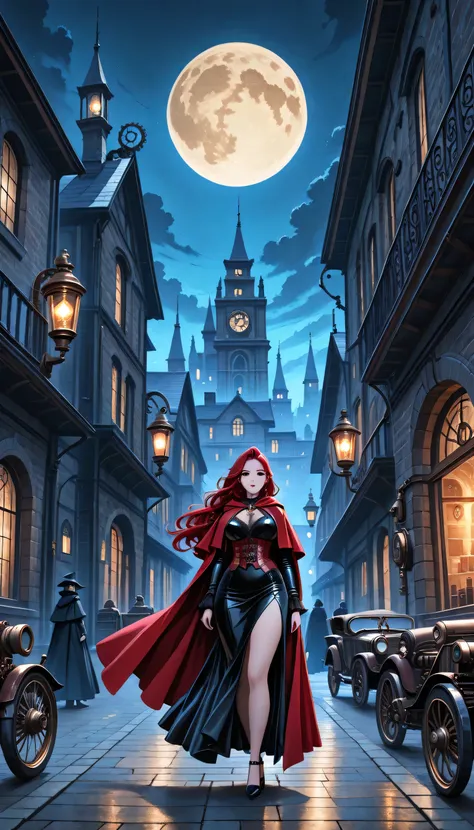 
masterpiece, absurdres, incredibly absurdres, best quality, comic art, fantasy art, RPG art, ultra wide shot, a picture of a mysterious woman standing under the steampunk streetlamp, in the big city, a beautiful mature woman, elegant woman, dynamic hair c...