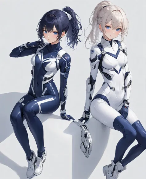 (​masterpiece、 top quality、 highest resolution 、 Clear Images 、  detailed image 、 The angle is from above ): ( One Japanese Woman 、 High Ponytail、  dark blue hair  、 Sparkling blue eyes 、(  white and navy blue pilot suit （Enamel Finish ）、white and dark blu...