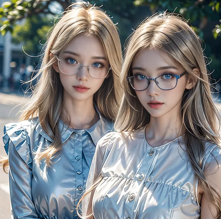 8K quality, Bright professional photo ,  two beautiful girls, 2 people are beautiful like goddesses,  Fantastic, Above chest shot, (plain and neat blouse), (wearing silver-rimmed glasses:1.2), (flashy sparkling blond blue eyes), beautiful eyes, Hair flying...