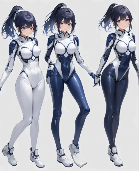 (​masterpiece、 top quality、 highest resolution 、 Clear Images 、  detailed image 、 The angle is from above ): ( One Japanese Woman 、 High Ponytail、  dark blue hair  、 Sparkling blue eyes 、(  white and navy blue pilot suit （Enamel Finish ）、white and dark blu...