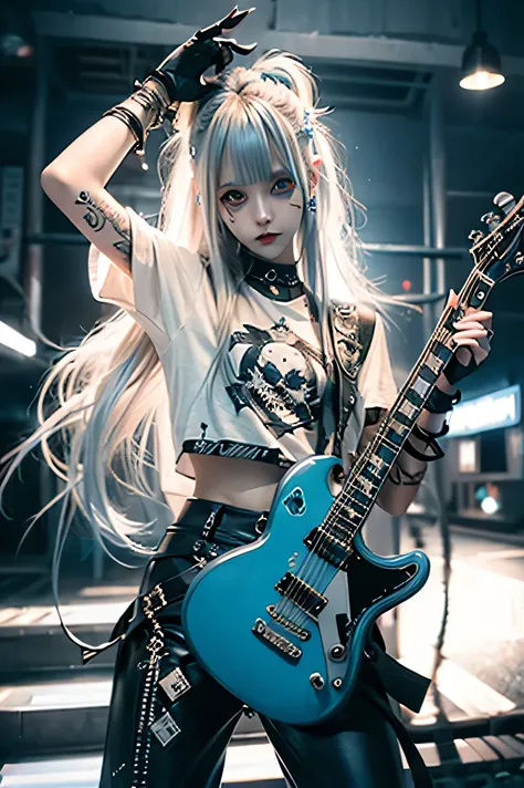 Rock style girl, beautiful woman, long blonde hair, standing straight up, heavy metal makeup, big blue eyes, wearing long white punk style shirt, leather pants, guitar with head up and pulling hard, bioluminescence like lightning coming from her body,