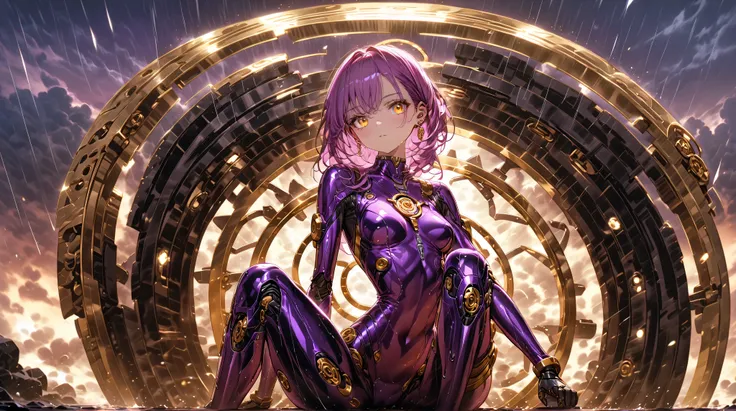 ((masterpiece, high image quality ,8k)),(( very detailed ,perfect picture)),(perfect anatomy),(ultra detailed), robot woman,Machine Body,wet,(purple tight pilot suit),((sit)),knees up, Exposure,Thin fabric,chest visible,wheel,(((giant golden wheel in the b...