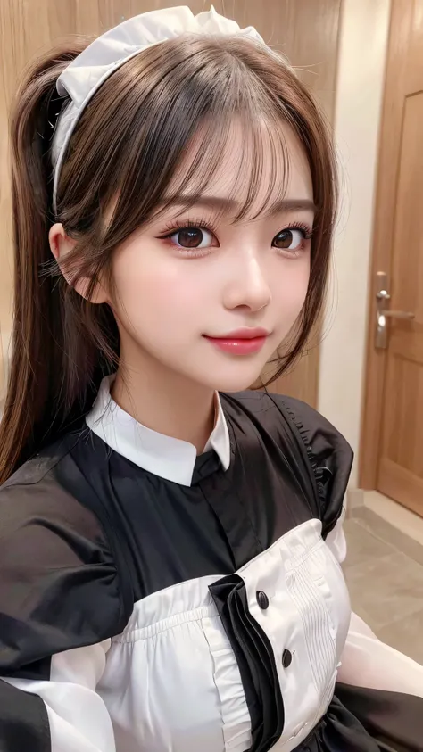 Wearingm Black and white maid's uniform,Close up face,Body in front,Ultra-detailed, finely detail, hight resolution, 8K Wallpaper, Perfect dynamic composition, Beautiful detailed eyes,,Close-up of face,,Blushing,Facing forward,Long hair ponytail,((8K, Orig...