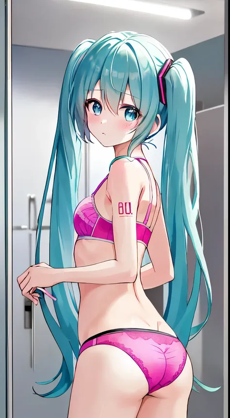 (8k、TOP QUALITY、highest quality、masterpiece)、 1 girl 、twin tails、Hatsune Miku、light blue eyes、blush、 troubled face、small breasts、(( pink bra))、(( pink panties ))、 turn your butt 、rear view、cowboy shots、locker room background