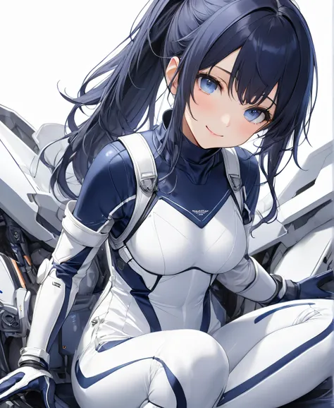 (​masterpiece、 top quality、 highest resolution 、 Clear Images 、  detailed image 、 The angle is from above ): ( One Japanese Woman 、 High Ponytail、  dark blue hair  、 Sparkling blue eyes 、(  white and navy blue pilot suit （Enamel Finish ）、white and dark blu...