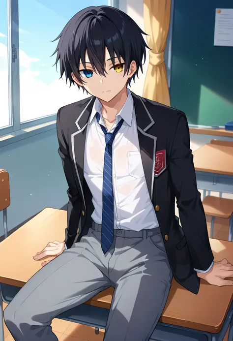 1boy, male focus, score_9, score_8_up, score_7_up, score_6_up, anime_source, black hair, short hair, heterochromia eyes, yellow in right eyes, blue in left eye, hair between the eyes, school uniform, shirt, grey trousers, black jacket, unbuttoned jacket, b...