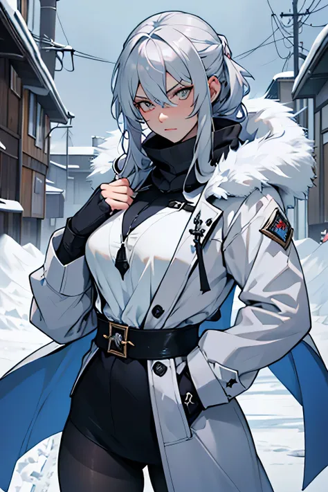 white eyes, dark silver hair medium a little bit light blue pastel, velvet clothes, overcoat, young, tights, russian, genshin-impact, ice vision, catalyst, cold gaze, snow, archon, hot woman, mommy vibes, 27 years old, badass, with a big ice sword powers, ...