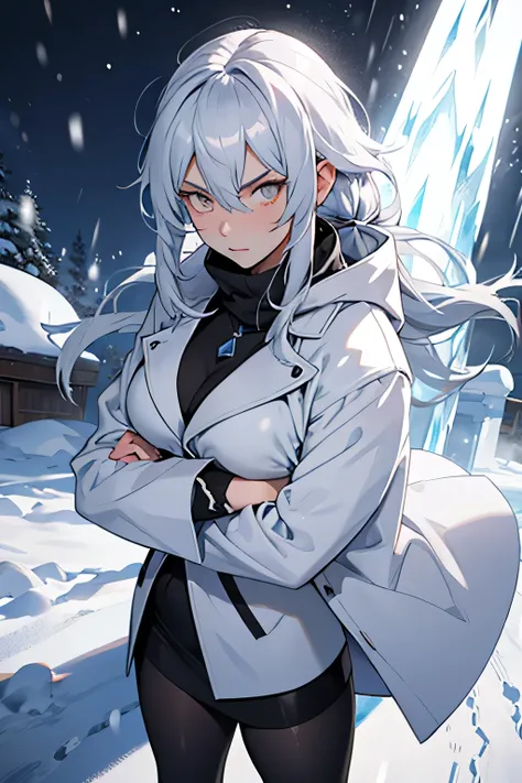 white eyes, dark silver hair medium a little bit light blue pastel, velvet clothes, overcoat, young, tights, russian, genshin-impact, ice vision, catalyst, cold gaze, snow, archon, hot woman, mommy vibes, 27 years old, badass, with a big ice sword powers, ...