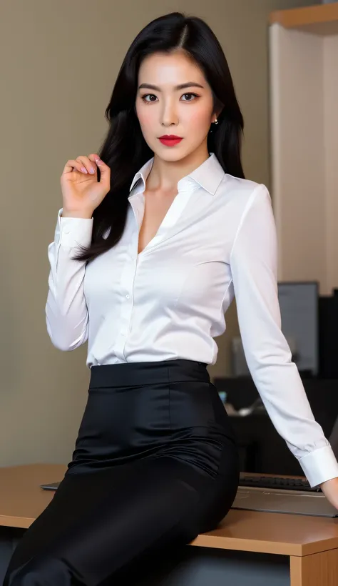 a beautiful woman, sitting leaning on an office desk,  facing the camera, using a long sleeve formal shirt of satin material of white color , use long skirt to toe fishtail model black satin material, red lips, big boobs, black hair