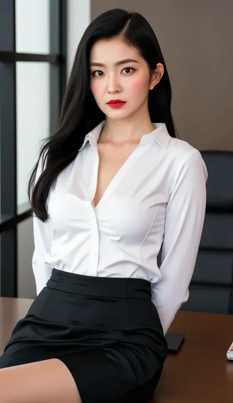 a beautiful woman, sitting leaning on an office desk, with both hands behind the body, facing the camera, using a long sleeve formal shirt of satin material of white color , use long skirt to toe fishtail model black satin material, red lips, big boobs,...