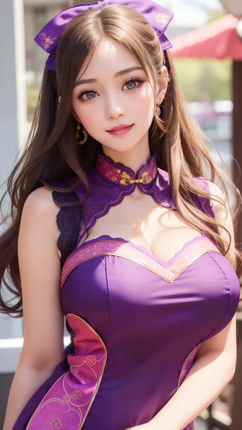 woman((30 year old)), hair((honey glow, long, wavy)), eyes ((big eyes)), clothes((lace trim, cheongsam)), accessories ((hairbow, chocker)), big breast, gigantic breast, lipgloss, purple eyeshadow, smiling, smiley face, bounty outlaws posters