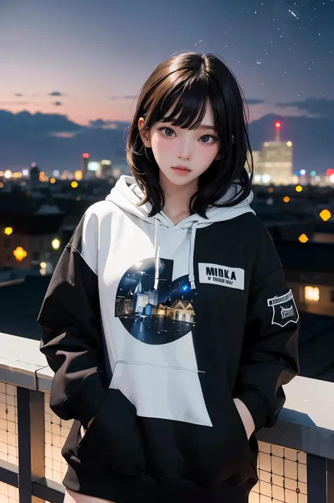 1girl,highres, high quality, masterpiece,black hoodie, white short, rooftop with city light in the background, starry night,