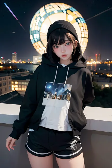 1girl,highres, high quality, masterpiece,black hoodie, white short, rooftop with city light in the background, starry night,
