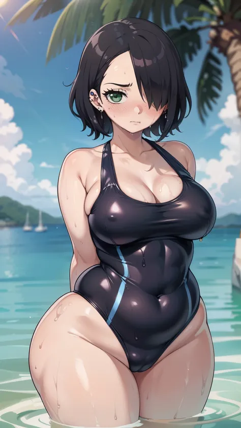 ((highres)), Masterpiece, high quality, best quality, beautiful, perfect lighting, detailed face, ultra cute face, goth girl, ((1girl)), ((solo), short messy black hair, hair over one eye, green eyes, pale skin, ((blush)), nervous, looking at viewer, arms ...