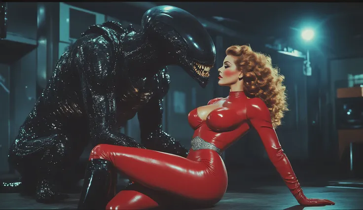 Close-up: Xenomorph from the movie Alien. Xenomorph has a bodybuilder's torso. Broad shoulders. He is having sex with a stunning Woman, She is wearing a tight, glossy, red, futuristic material suit that emphasizes her exaggerated hourglass figure, Low cut,...