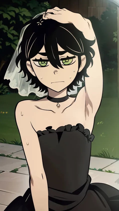 Highres, Masterpiece, Best quality at best,Best Quality,hight quality, hight detailed, Anime style, 1boy, Shota, young boy, Young andy graves, hair between eyes, closed mouth,black hair, green eyes, Showing armpit, Slim body, messy hair, bright pupils, loo...