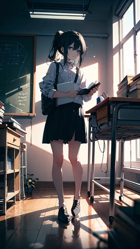 A brave age girl with shoulder-length black hair tied in a messy ponytail, cautiously stepping into a dimly lit classroom at night, her small flashlight casting flickering shadows, old wooden desks covered in dust, eerie scribbles appearing on the chalkboa...