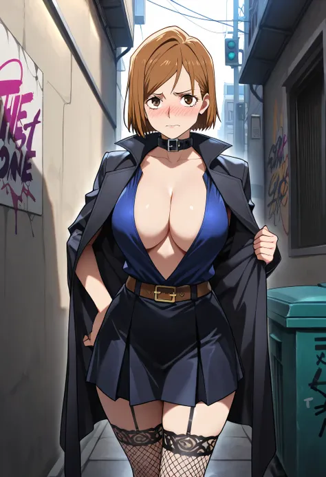 (masterpiece,best quality,amazing quality,very aesthetic,absurdres,newest) ,official style, Kugisaki Nobara)),(jujutsukaisen),(adult:1.2),(brown hair,lshort hair,(gorgeous eyes),brown eyes,shy,nose blush,(large breasts, in an onyx black cropped trench coat...