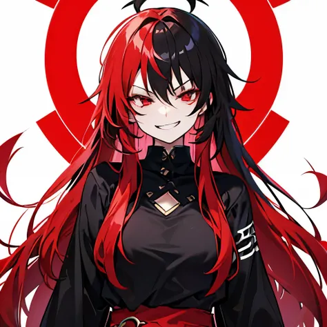 Female that has long hair transitioning from red at to top to black at the ends. Black at hair tips. She has two red eyes. Red hair, cool outfit, goddess of destruction, smirking, wearing eyeliner