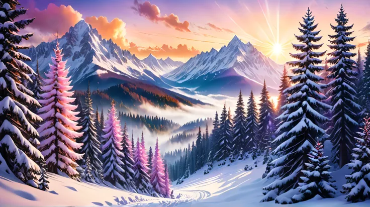 Majestic mountains covered with snow caps rise above a dense coniferous forest covered in fresh snow. Tall firs and pines create the atmosphere of a winter fairy tale. Clouds with delicate shades of pink, orange and purple, colored by the rays of the setti...