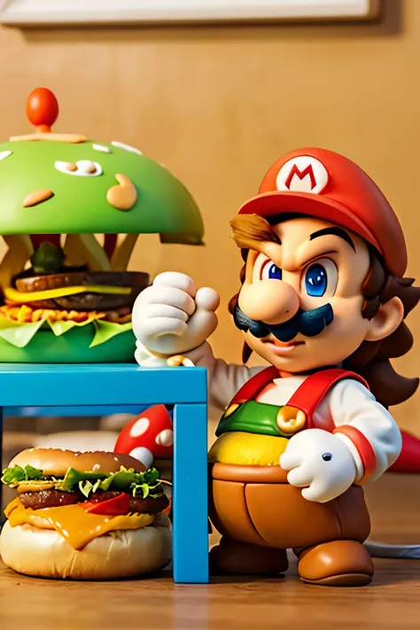 Mario Bross character eating a hamburger