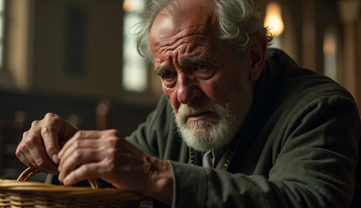 Grandfather cries and puts money in a basket in a church close-up shot - tears are visible