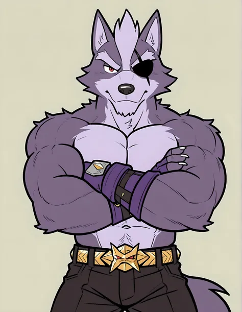 Wolf O'Donnell, Red Eye, Right Eyepatch, Purple Fingerless Gloves, Gold Buckle, pants, half body, arms crossed, shirtless, stern face, looking at viewer, flat color